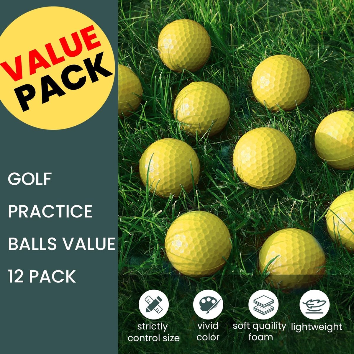 SnelShoppen - Golf-oefenballen set van 12, elastisch schuim, zachte waarde, trainingshulpmiddelen voor golfschommel, binnen en buiten, geel