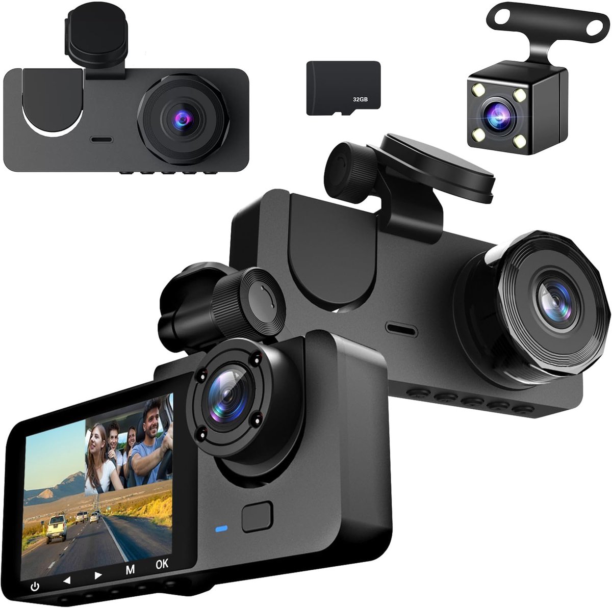 SnelShoppen - Autocamera 4K Dashcam Auto met 1080p Achter- en Binnencamera, 32 GB SD-kaart, Parkeerbewaking, Infrarood Nachtzicht, G-sensor, Loop-opna