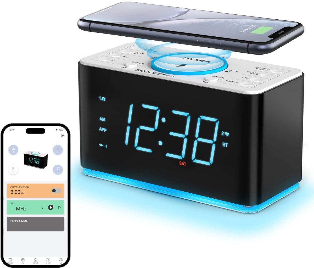 SnelShoppen - Wekkerradio met Draadloze Oplader 15W, FM-Radio, Bluetooth, APP-Bediening, 2 Oplaadpoorten, Snooze, Nachtlampje, Automatische Dimmmer vo
