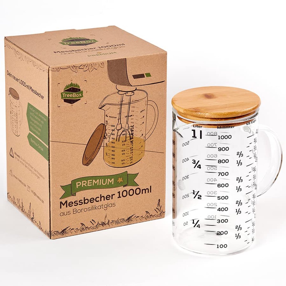 SnelShoppen - TreeBox Premium Glazen Maatbeker 1L met Bamboedeksel, Vaatwasmachine- en Magnetronbestendig, Ideaal voor Bakken, Koken en Mengen in Keuk