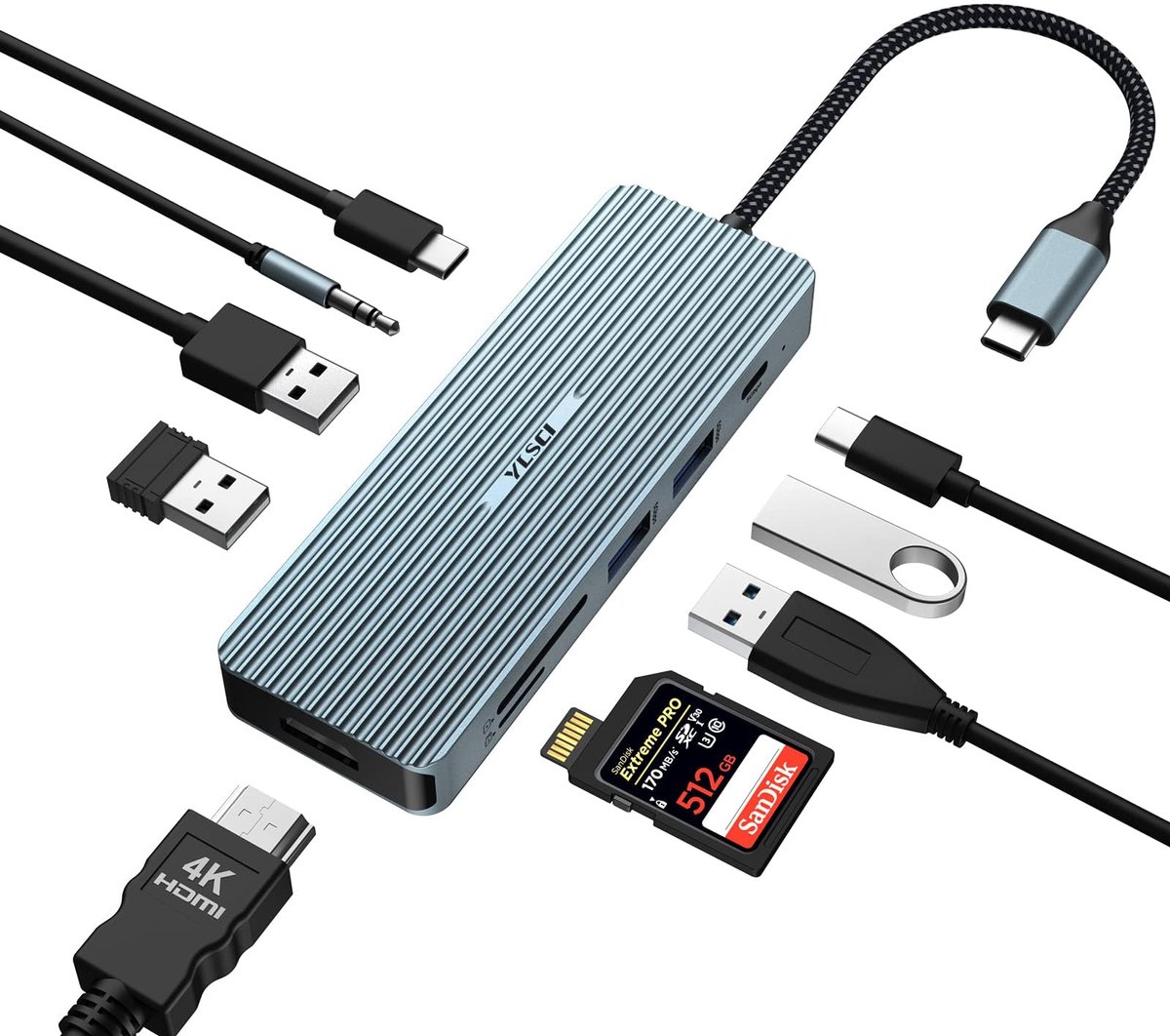 SnelShoppen - 10-in-1 USB C dockingstation met HDMI 4K, 2x USB-A 3.0, 2x USB-A 2.0, Type-C kaartlezer, SD/TF, PD 100W, 3,5 mm audio, geschikt voor Win