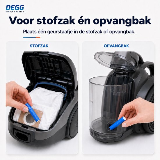 Demonstratie van het plaatsen van een geurstaafje in een stofzak en een opvangbak.