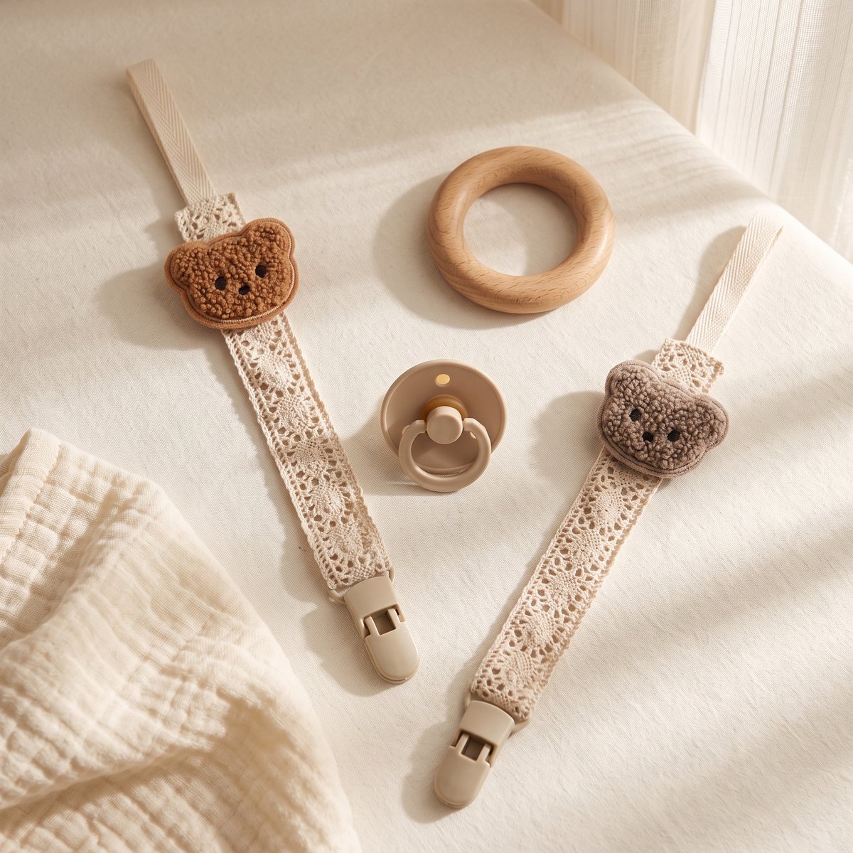 Speenkoorden Set van 2 Beertjes - Bruin & Taupe - Binnen 24U Verzonden - Fopspeenkoord - Speenketting - Speenhouder - Jongen en Meisje - Baby - Kraamcadeau - Babyshower - Stoffen Speenkoord met Clips - Teddy - Unisex Geboortecadeau - 2 Stuks – foto 2