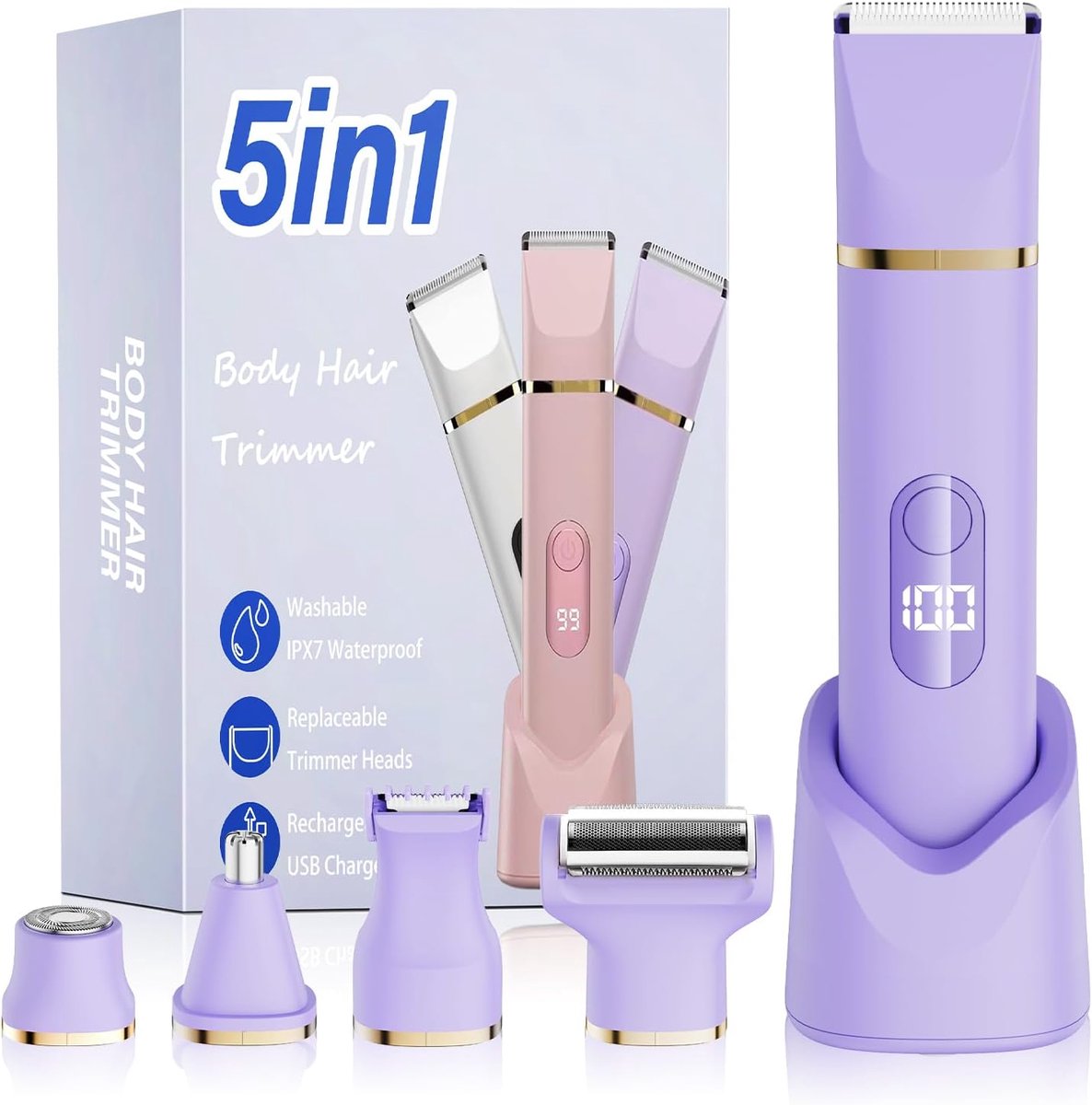 SnelShoppen - Bikini Epilator 5-in-1 Draadloos Elektrisch Lichaamsscheermes - IPX7 Waterdicht - 5 Verwisselbare Kappen voor Gezicht, Benen en Intieme