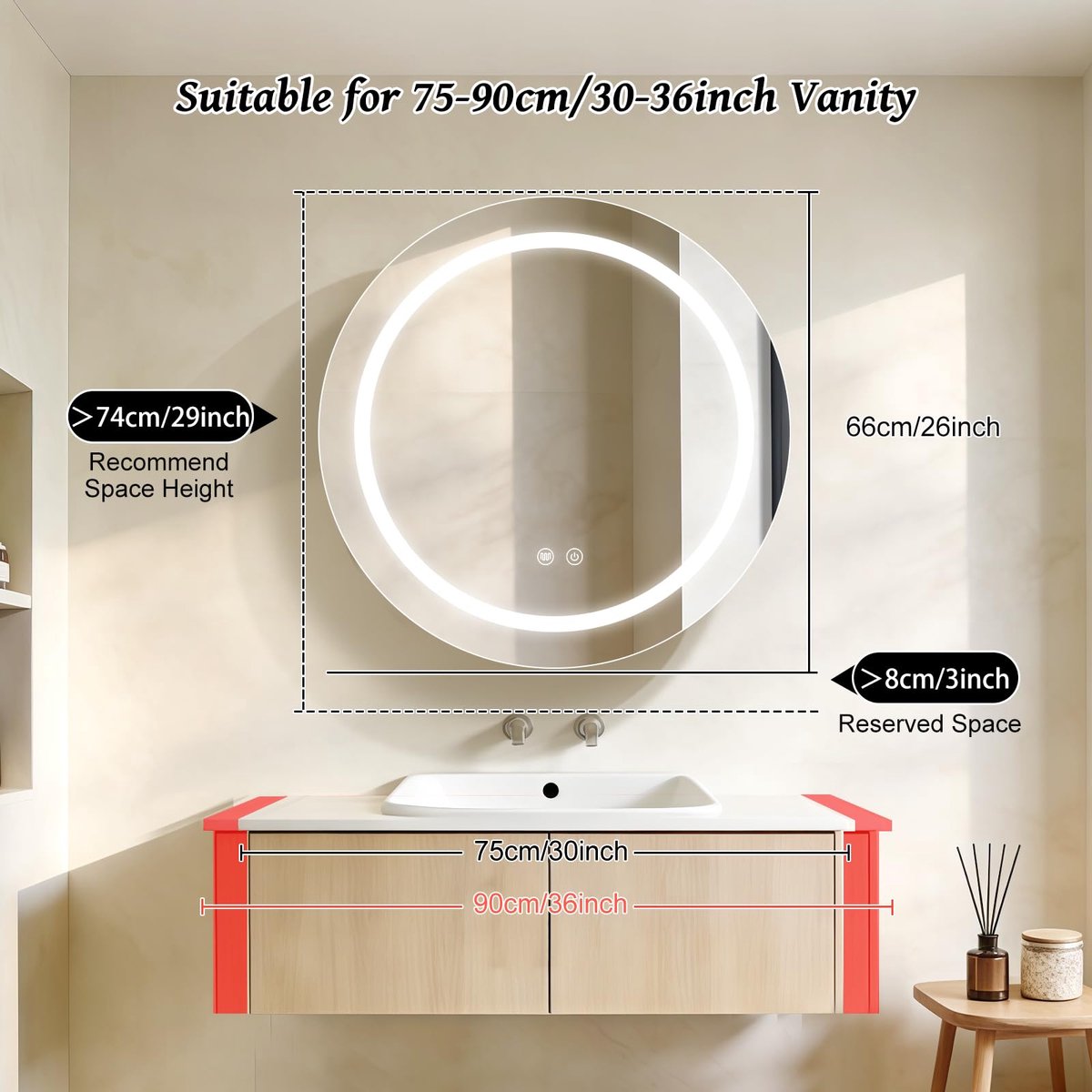 SnelShoppen - 26 inch ronde medicijnkast met verlichting, LED spiegelkast, dimbaar, anti-mist, kleurtemperatuur 3000K-6500K voor badkamer