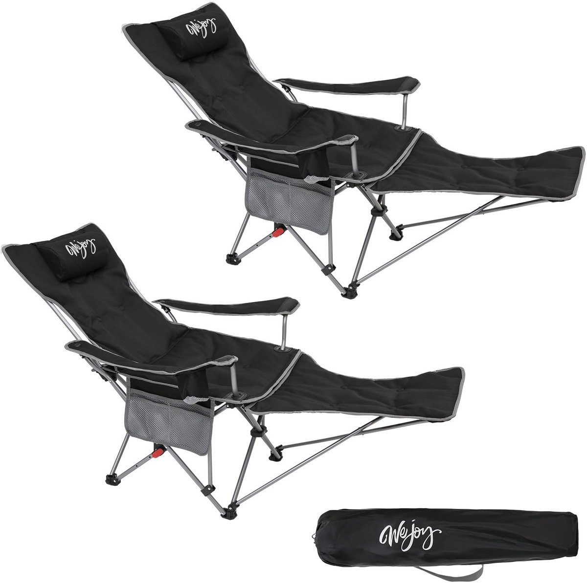 SnelShoppen - 2-in-1 Campingstoel Opvouwbaar met Voetensteun, Gevoerde Ligstoel met Verstelbare Rugleuning, Relaxstoel met Bekerhouder, Zwart, Set van