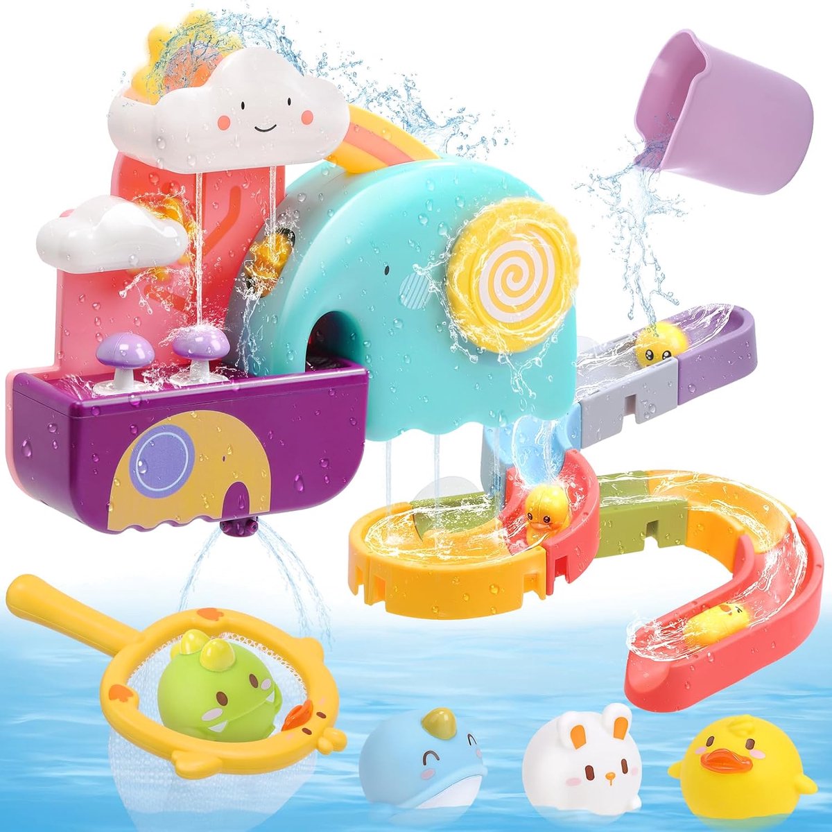 CUTE STONE Badderspeelgoed voor Baby's & Peuters - Met Waterglijbaan, Douche-wolk, Visnet en Drijvend Waterspeelgoed - Schimmelvrij Badspeelgoed