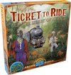 Doos van Ticket to Ride: The Heart of Africa. Met een Afrikaanse man, een stoomtrein, mannen met hoeden en apen in een jungle.