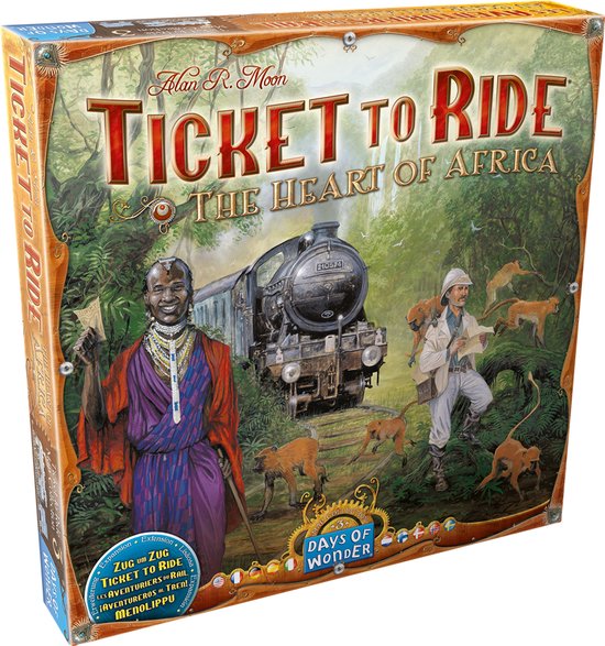 Doos van Ticket to Ride: The Heart of Africa. Met een Afrikaanse man, een stoomtrein, mannen met hoeden en apen in een jungle.