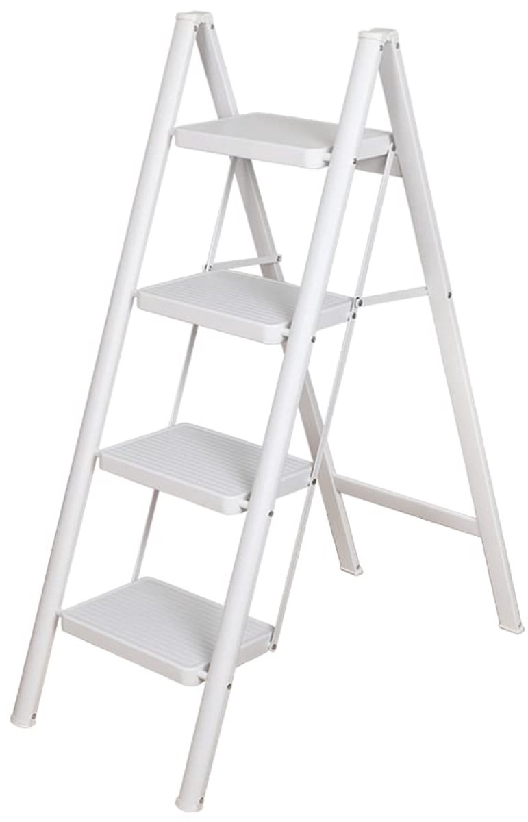SnelShoppen - Inklapbare Aluminium Ladder 4 Treden Trapladder Lichtgewicht Antislip Huishoudtrap tot 150 kg voor Keuken Bijkeuken Garage Kantoor Wit