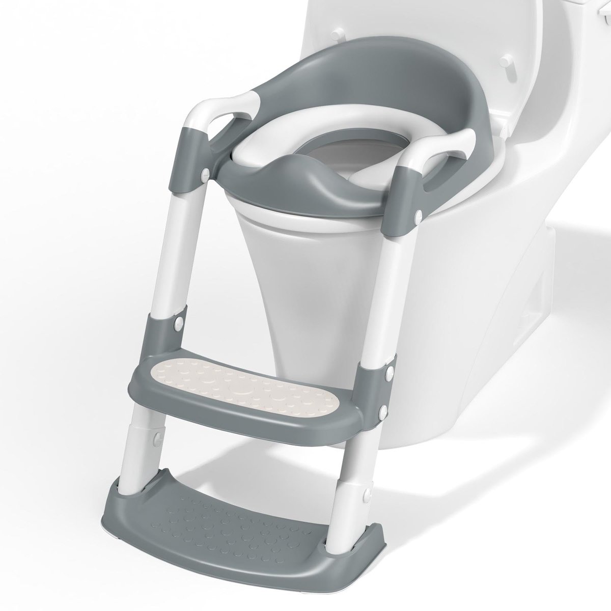 SnelShoppen - COOSEYA Peuter Toiletbril met Stappen, Opvouwbare Anti-Slip Potty Stoel met Splash Guard en Zacht Kussen, Veiligheidshandvatten in Grijs