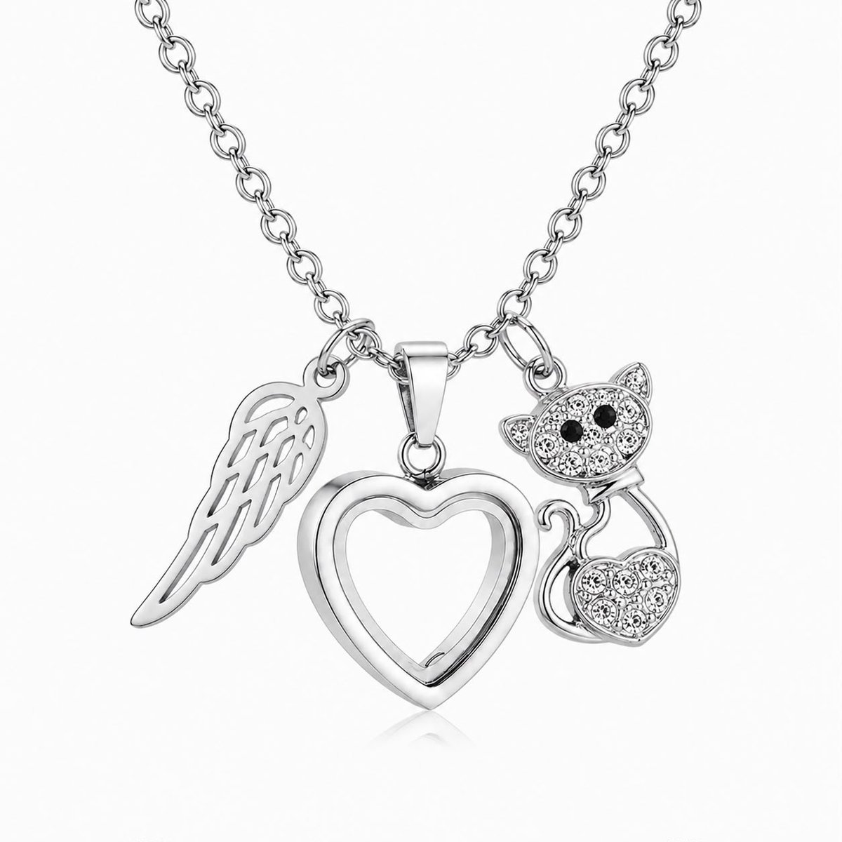 Ashanger Kat | Ashanger Kat met Hart en Vleugel | Ashanger a Cats Memory | Zilver | Asketting Poes met Kristallen Bedeltjes – RVS Gedenksieraad Huisdier – Inclusief Ketting – Petshop Seven