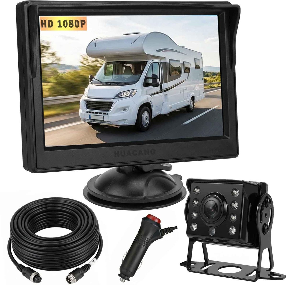 SnelShoppen - 4Pin Auto Achteruitrijcamera Parkeerhulpsysteem met 5" TFT LCD HD Kleuren Monitor + 8 LED's Nachtzicht Waterdichte Camera voor Caravan,