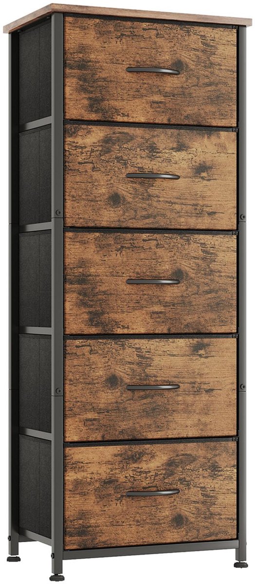 SnelShoppen - Commode met 5 Laden, Ladekast van Stof, Hoge Smalle Dressoir met Houten Top en Metalen Frame, Vintage Rustiek Bruin, Opbergkast voor Sla