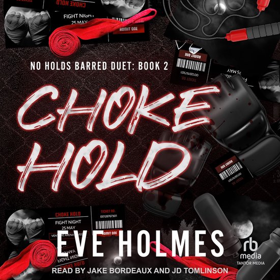 Boekomslag met de titel "Choke Hold", bokshandschoenen, bandages en een springtouw.