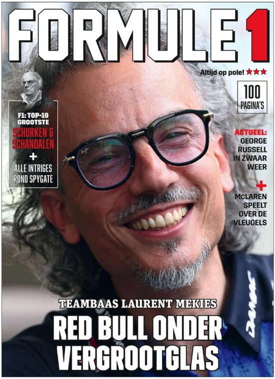 Formule 1 Magazine met Laurent Mekies op de cover. Tekst: "Red Bull onder vergrootglas".