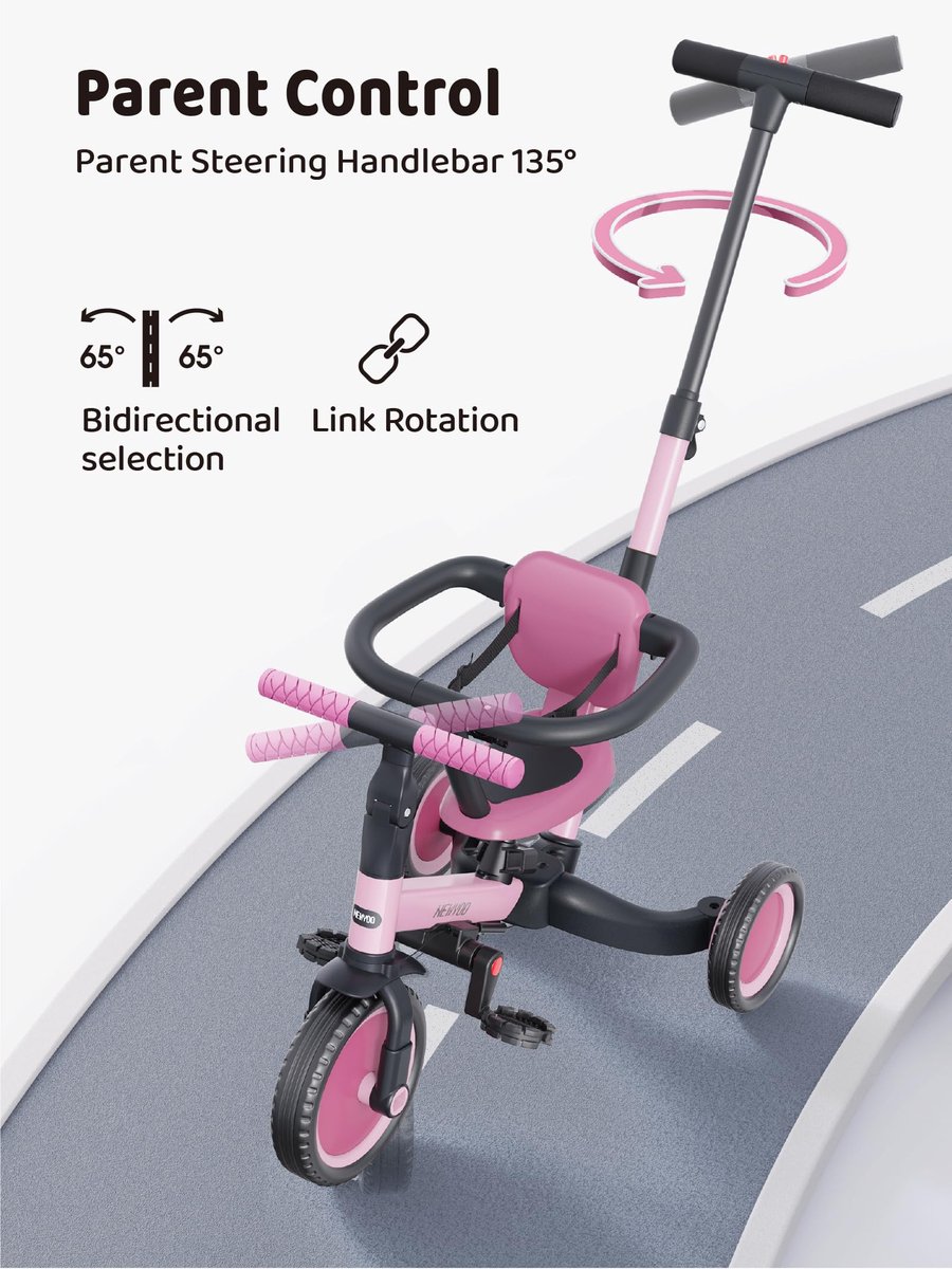 SnelShoppen - Driewieler voor Peuters 1-3 Jaar, Peutertfiets met Ouder-Schuifgreep, Veiligheidsgordel, Rugleuning, Rosé - Geschikt voor Jongens en Mei