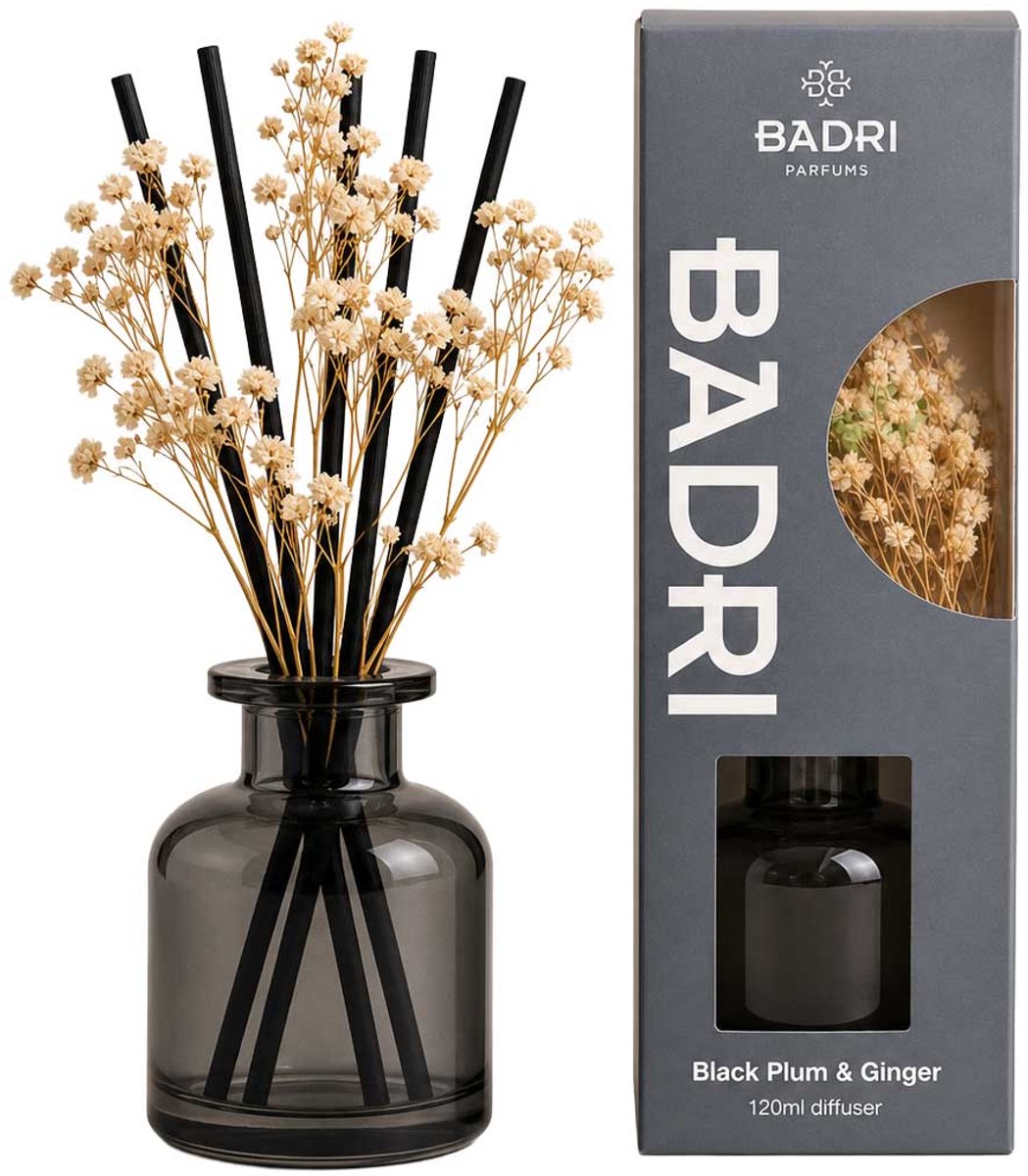 BADRI Bloem Geurstokjes - Black Plum & Ginger - 120ML - Luxe Reed Diffuser - Geur voor Woonkamer & Badkamer