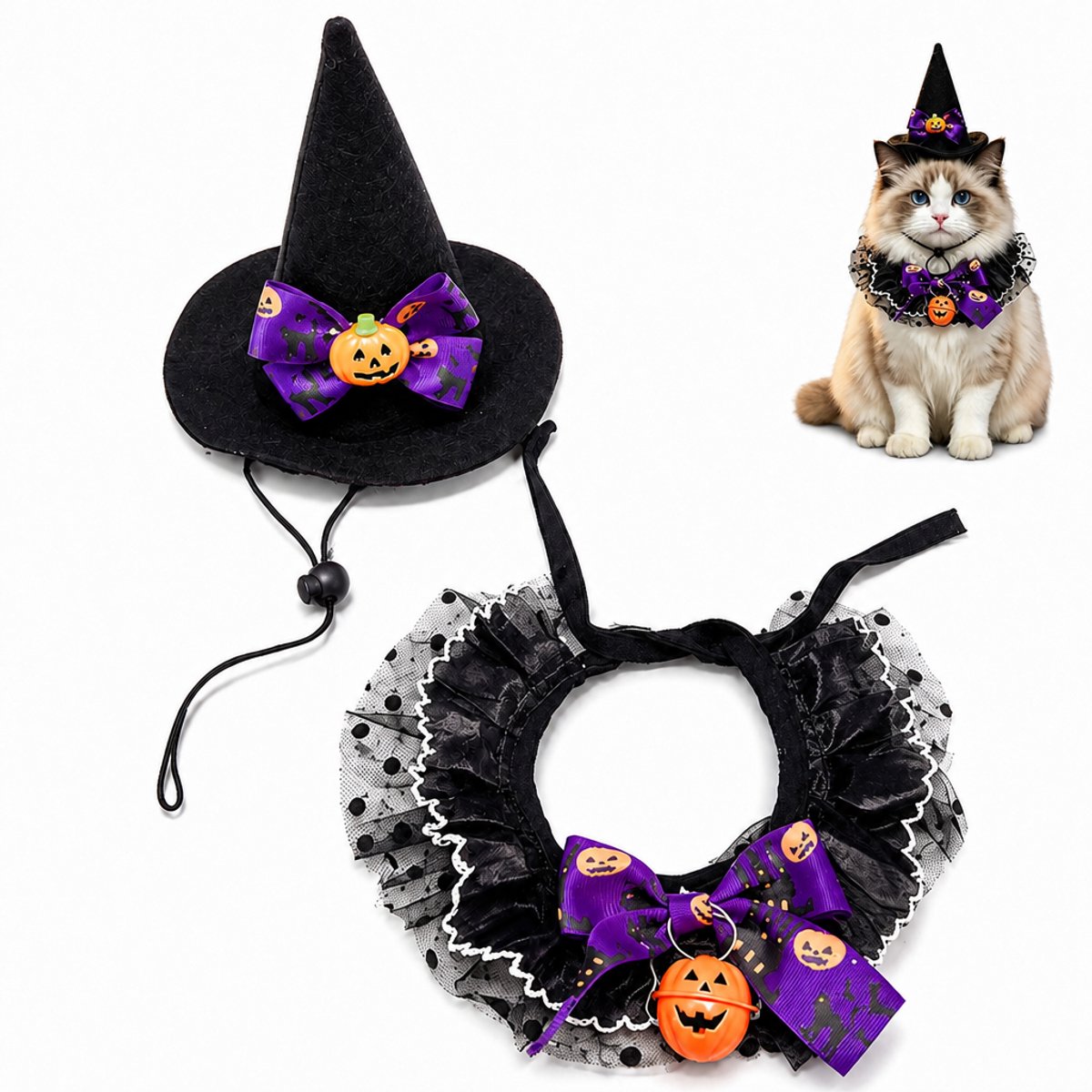 Ryoudavell - Halloween Huisdier Kostuum Set - Heksenhoed en Halskraag met Belletje voor Kat en Hond - Halloween Accessoires en Decoratie voor Huisdieren - Feestelijke Pompoen Kraag en Hoed - Verstelbaar Verkleedpakje Huisdieren - Zwart Paars