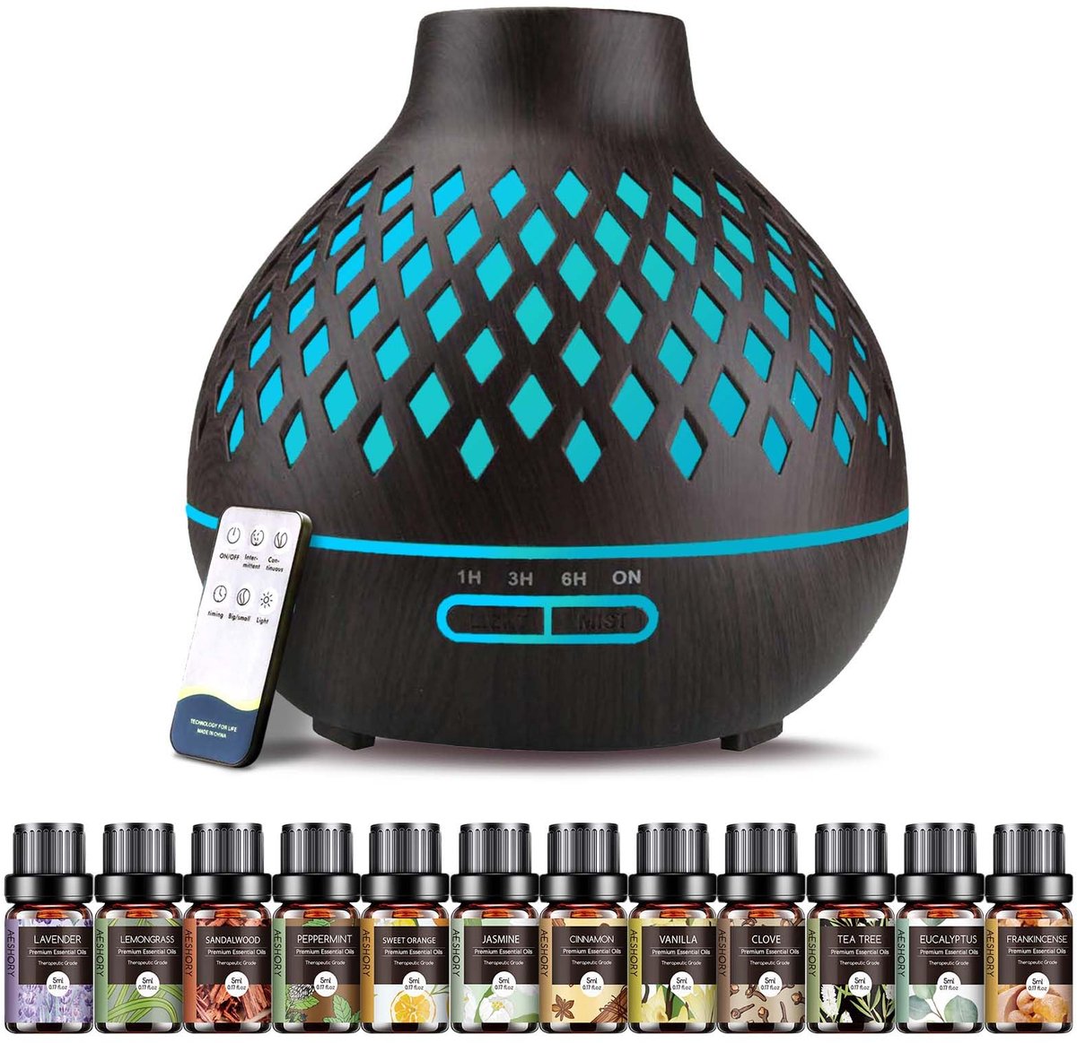 SnelShoppen - 550ml Etherische Olie Diffuser met 12 x 5ml Etherische Oliën, Ultrasone Luchtbevochtiger, 7-kleurige Ledlampjes, Automatische Uitschakel