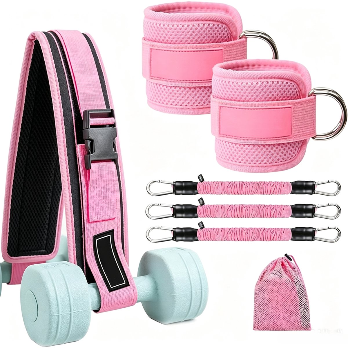 KZQ Hip Thrust Belt - Verstelbare verzwaarde riem met antislipkussentjes - Geschikt voor krachttraining, squats en hip thrusts - Fitnessriem voor thuis en in de sportschool - Roze - Inclusief accessoires