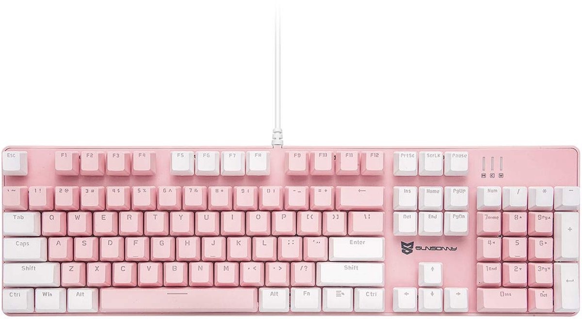 SnelShoppen - Qisan Mechanisch Gaming-Toetsenbord - Bekabeld Toetsenbord met LED Achtergrondverlichting - Wit en Roze - 104 Toetsen - Amerikaanse Lay-
