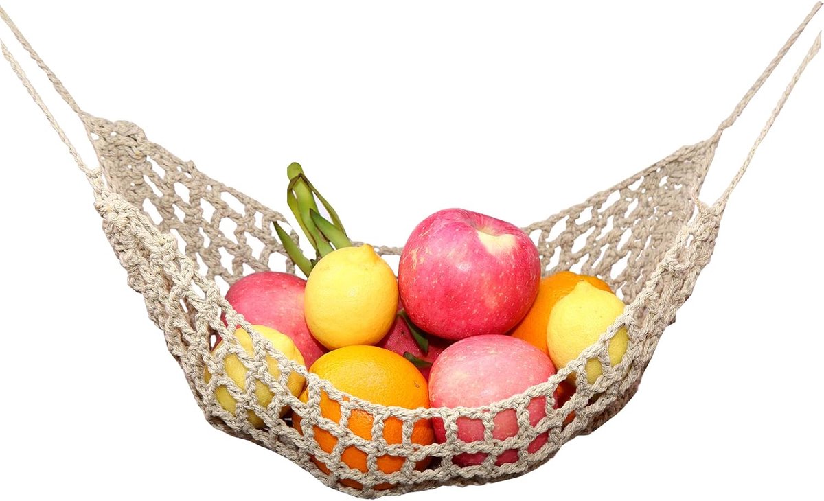 Handgeweven fruitnetten zijn perfect om onder keukenkastjes te hangen - waardoor je ruimte op het aanrecht bespaart - en ook geschikt voor bootbezitters en kampeerliefhebbers - kaki