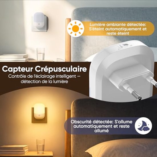 Namajunas - Stopcontact nachtlamp 2 stuks - 5 lichtsterktes, 3 werkstanden - Opvouwbaar - Warm geel licht - Met dag/nachtsensor - Geschikt voor baby's, kinderen en volwassenen van Namajunas — afbeelding 3