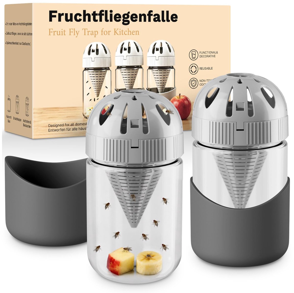SnelShoppen - 2 stuks Glazen Fruitvliegenval - Effectieve Vliegenvanger met Ontsnappingsbestendig Deksel - Herbruikbare Vallen voor Binnen - Grijs - I