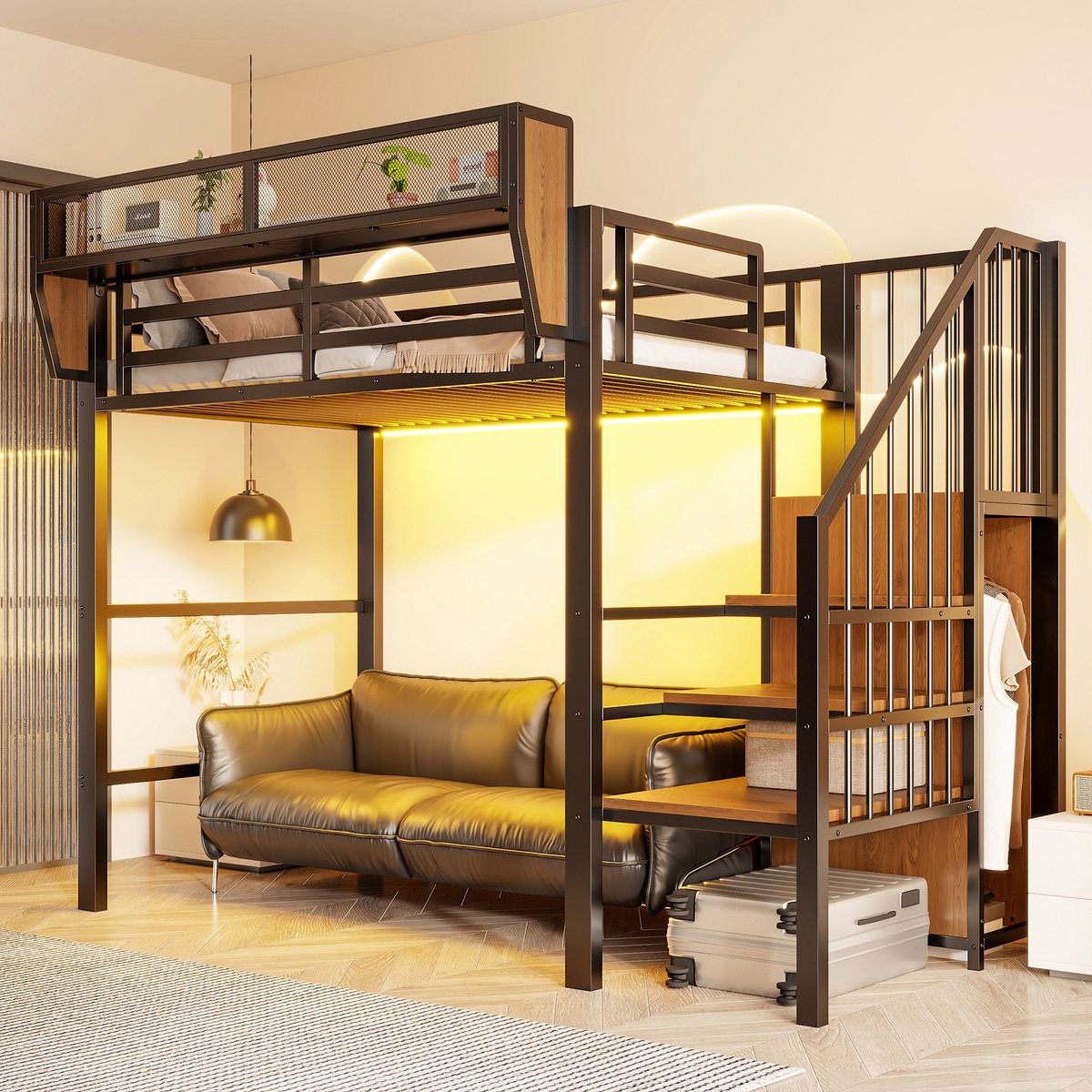 Sweiko Hoogslaper - 90 x 200 cm - Metalen frame - LED-verlichting - Open kledingkast - Kinderbed - Zwart