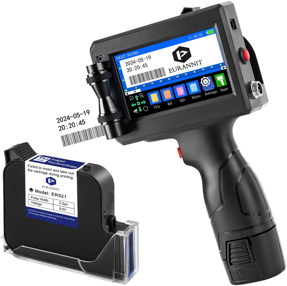 SnelShoppen - Draagbare Handheld Inkjet Printer 25.4mm voor Tekst, QR, Barcode, Batch Nummer, Logo, Datum Labels met ER521 Zwarte Inktcartridge
