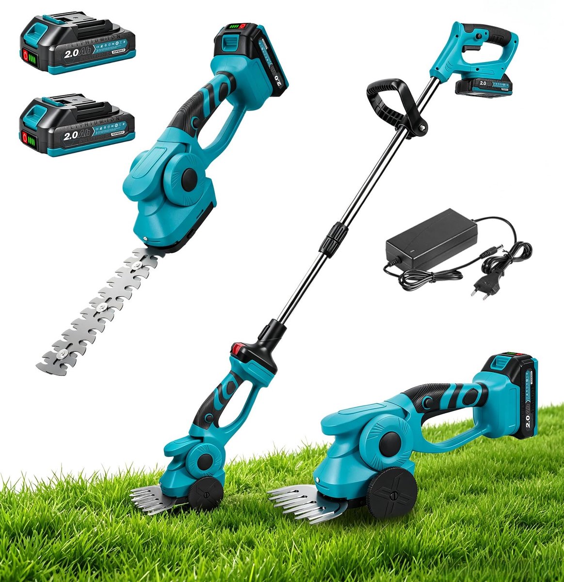 SnelShoppen - Accu-grastrimmer 3-in-1, Grasschaar & Heggenschaar met 2x 2000mAh Accu's, Telescopische Steel voor Tuinen, Gazons en Struiken