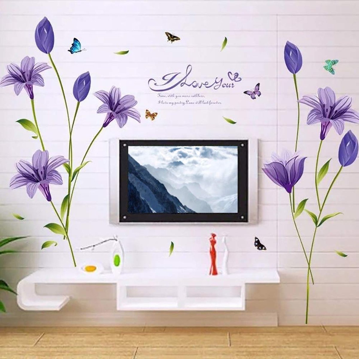Dailygoods - ® Muurstickers met bloemen in paars (160 x 85 cm) voor woonkamer en kinderkamer
