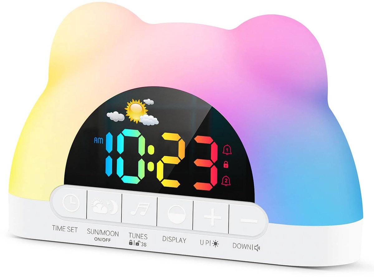Dailygoods- Kinderwekker Digitale Slaaptrainer - Slaapwekker Kind - Nachtlampje met 11 RGB Kleuren - Kinderslot - Dubbele Wekkers - Type-C