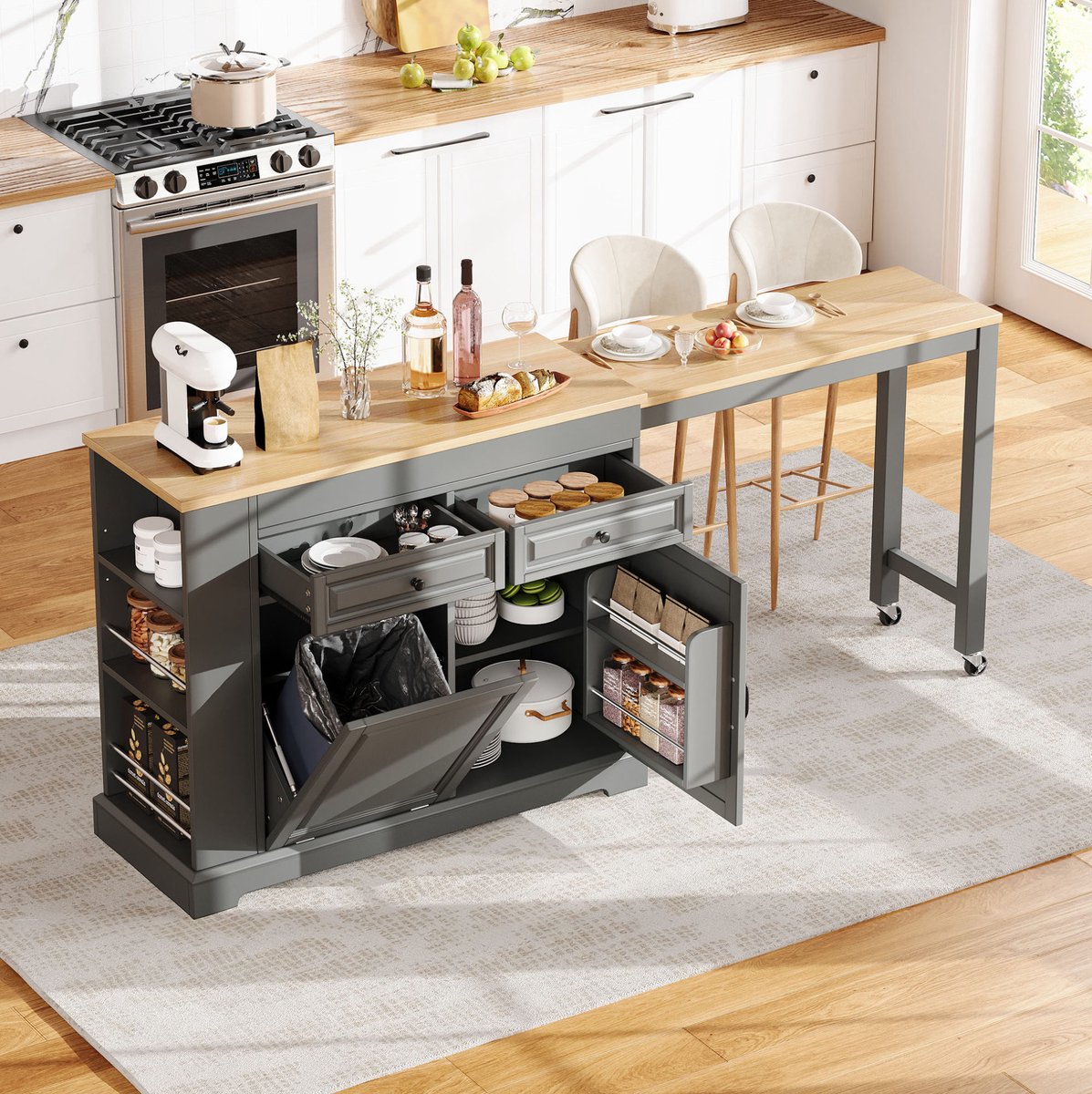 REDOM - Keukeneiland op wielen - Uitschuifbaar werkblad en eethoek - Opbergkast met laden en afvalbakvak - MDF - Grijs - 112-180 x 45 x 92 cm