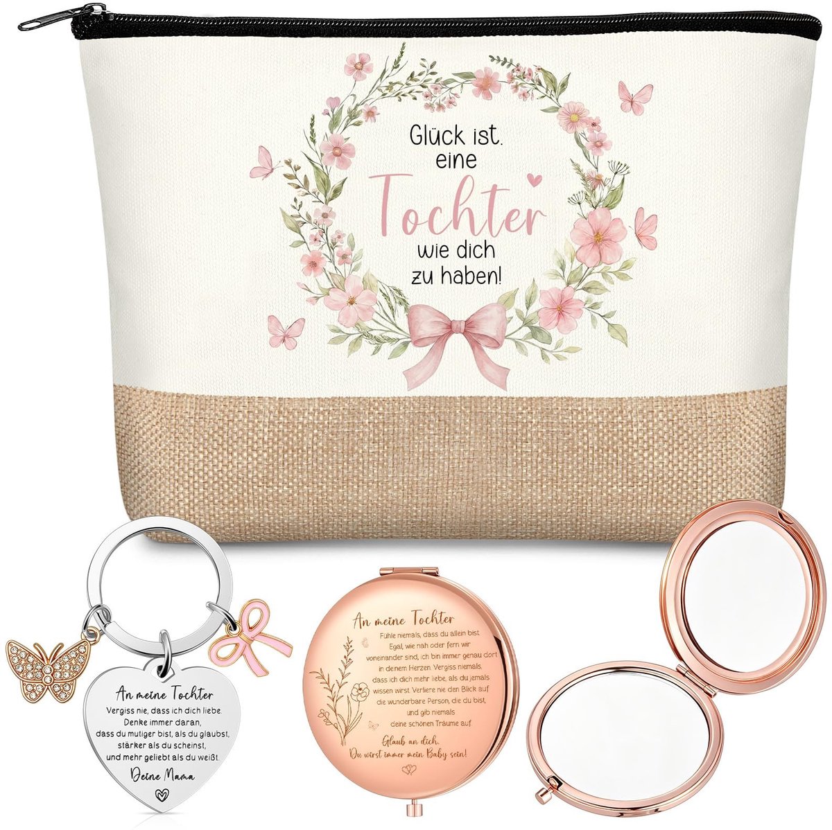 Dailygoods- Cadeauset Verjaardag - Make-uptas - Sleutelhanger - Zakspiegel - Linnen-katoenmix - Hartvormig met Vlinderhanger - Geschenkset