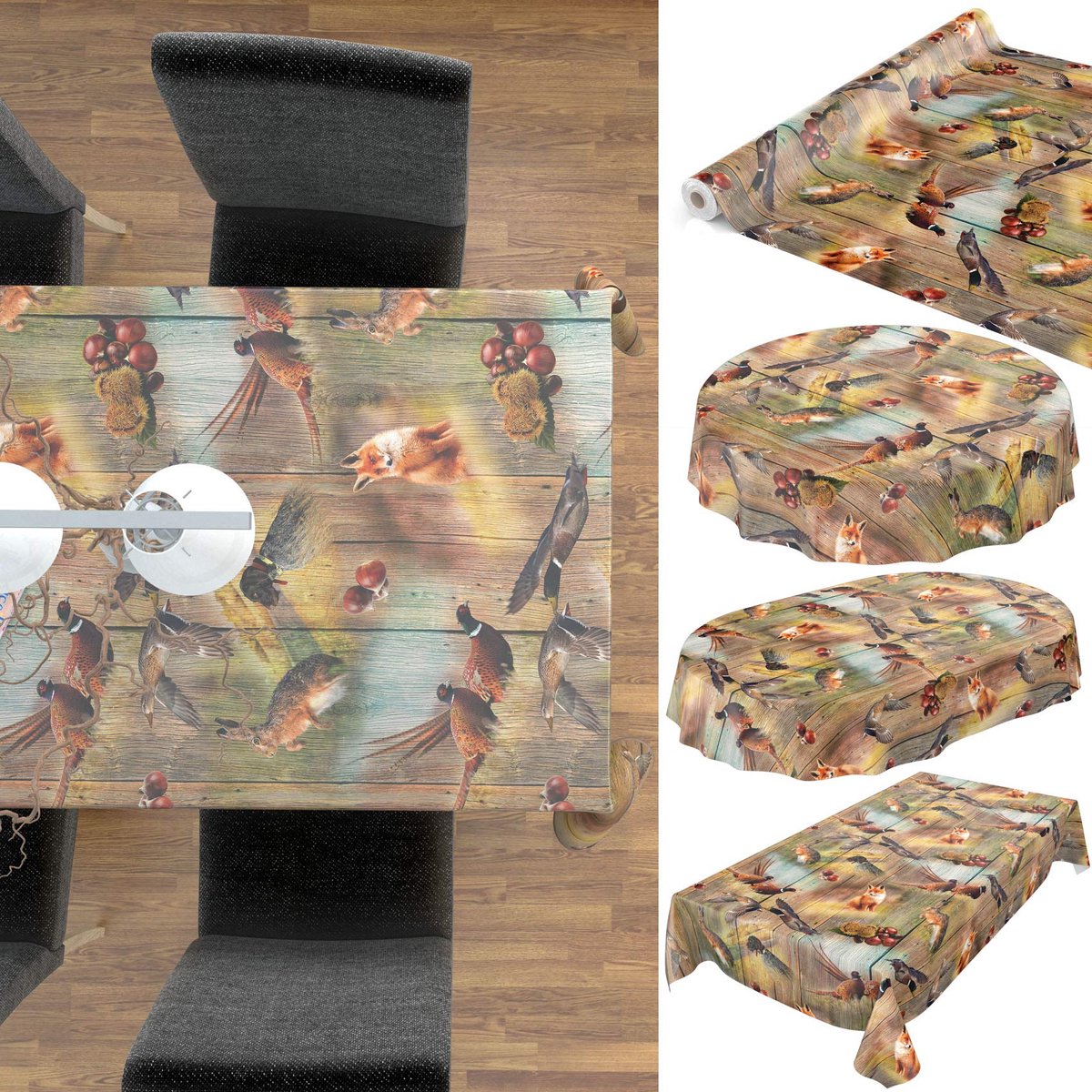 SnelShoppen - Wasdoek Tafelkleed Afwasbaar Tuintafelkleed van Tafelzeil, Rond Ovaal Rechthoekig 140 cm, Jacht Wild Jagermotief Hout voor Binnen en Bui
