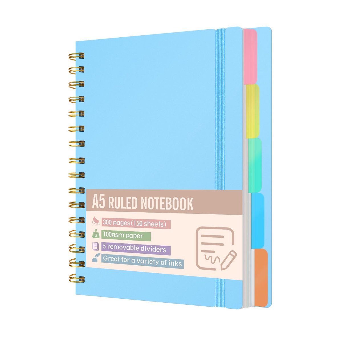 SnelShoppen - A5 Notitieboek Spiraal, Gelinieerd, 300 Pagina's, 100 g/m² Papier, Hardcover, Met 5 Tabs, Ideaal Voor Kantoor, School, Universiteit & No