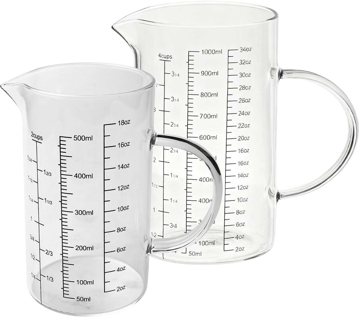 SnelShoppen - Maatbekerset van 2 glazen (1L + 500ml) - Hittebestendig borosilicaatglas - Maatbekers met handvat en V-vormige schenktuit voor keuken, r