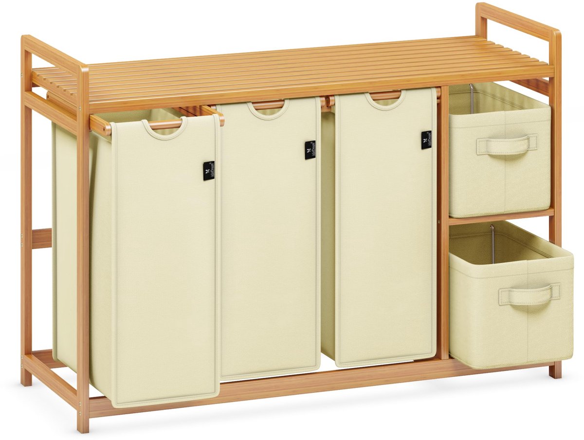 SnelShoppen - ADEL DREAM Wasmand 5 Vakken, Wasverzamelaar 190 Liter, Wasboxen met 3 Waszakken en 2 Stoffen Boxen, Beige Bamboe, Wassorteerder met Plan