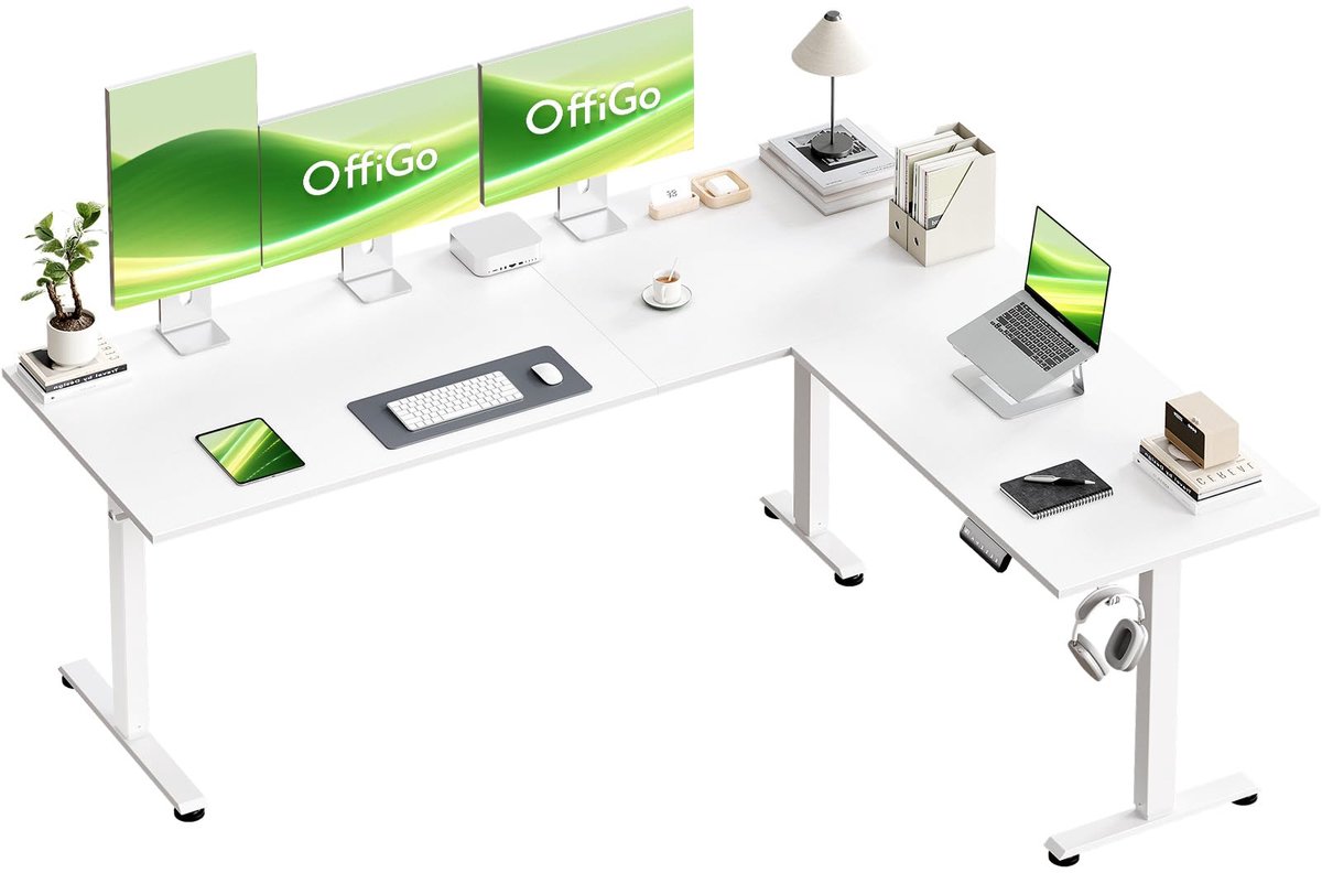 SnelShoppen - OffiGo L-vormig bureau elektrisch in hoogte verstelbaar 180 x 140 cm hoekbureau ergonomisch sta-zit tafel computertafel wit