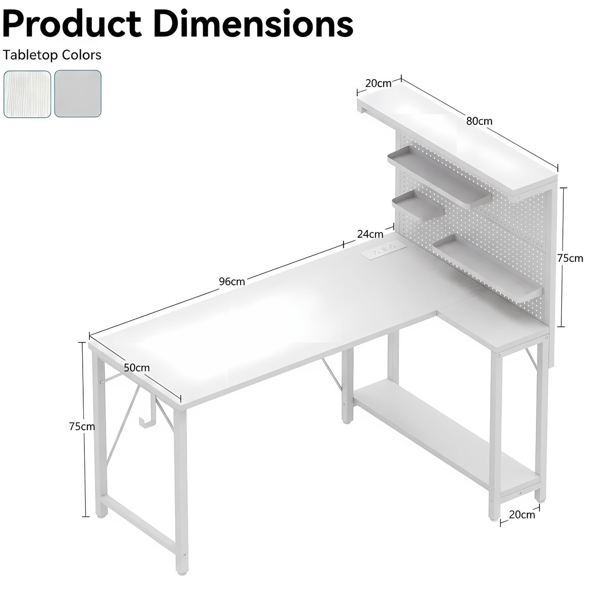 SnelShoppen - L-vormige gamingtafel met gatenplaat, hoekcomputertafel met stopcontact, omkeerbare bureautafel 120 x 80 cm, wit, ideaal voor thuiswerke