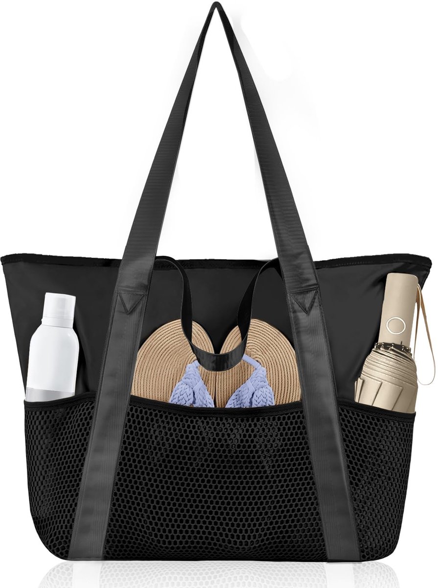 SnelShoppen - Grote waterdichte stranddraagtas, mesh zwembadtas met ritssluiting en handige zakken, ideaal voor vakantie, reizen, sportschool en winke