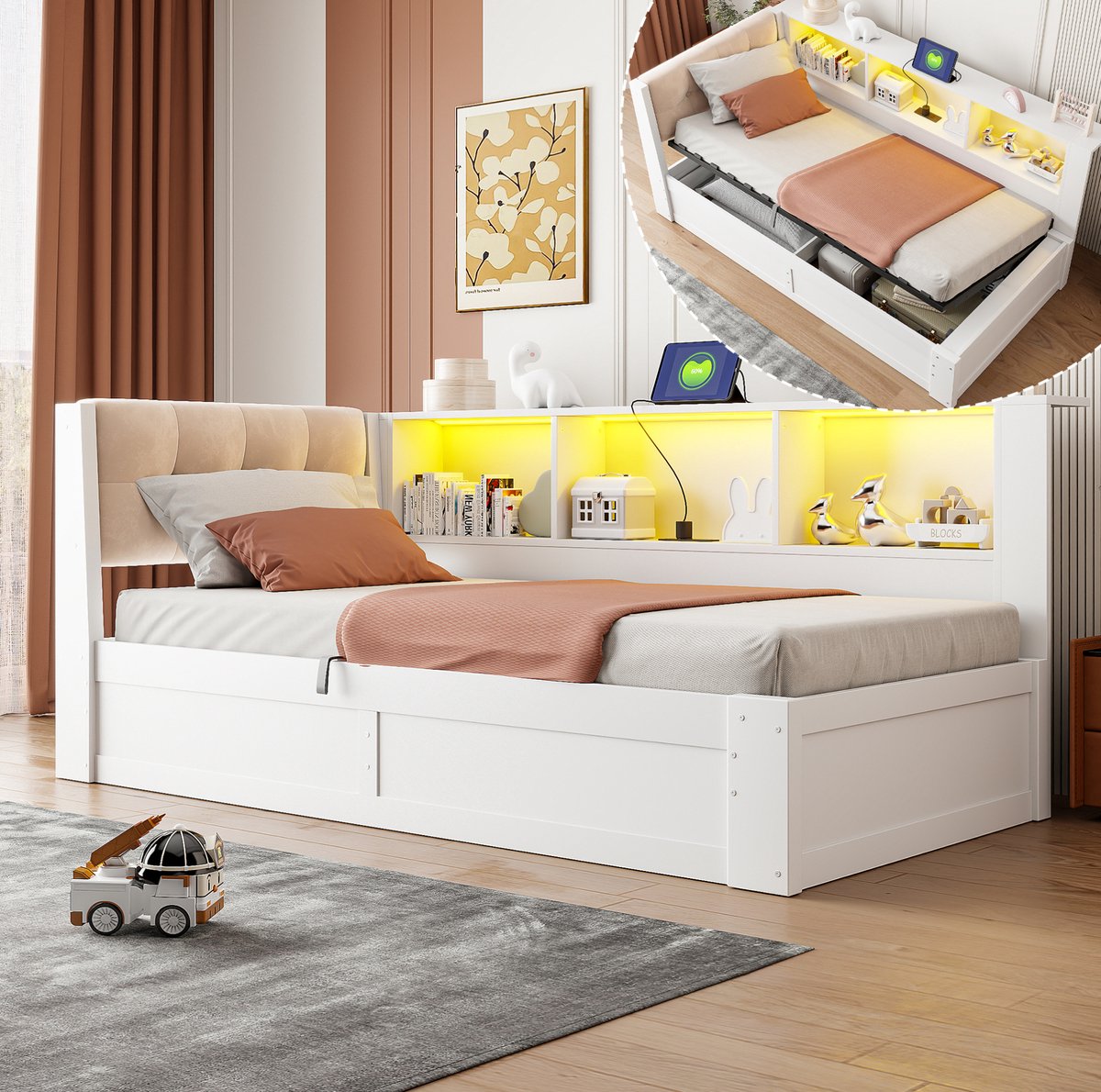 MODFU Normaal Bed - 90X200 Cm - Opbergruimte - LED Verlichting - USB - Wit