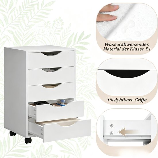 STILVORA Mobiele Opbergkast Met 5 Lades En Wielen Voor Bureau En Slaapkamer - Wit - Kunsthout - 40 X 40 X 66,5 Cm — afbeelding 2