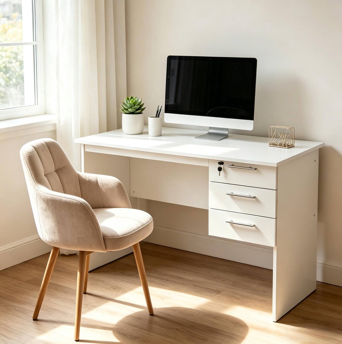 Computerbureau Wit Hout Met 3 Laden En Slot 120x60x75 Cm Modern Bureau Voor Werken Studeren En Opbergen
