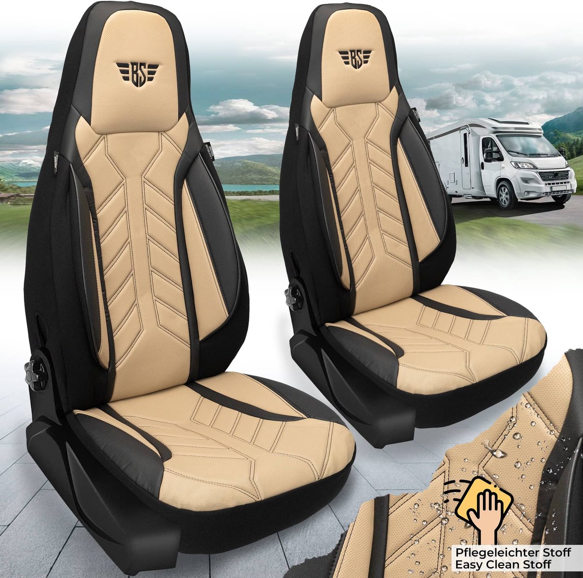 Premium Camper stoelhoezen voor Mooveo Van Transit DPL507 in Zwart/Beige (2 losse stoelen)