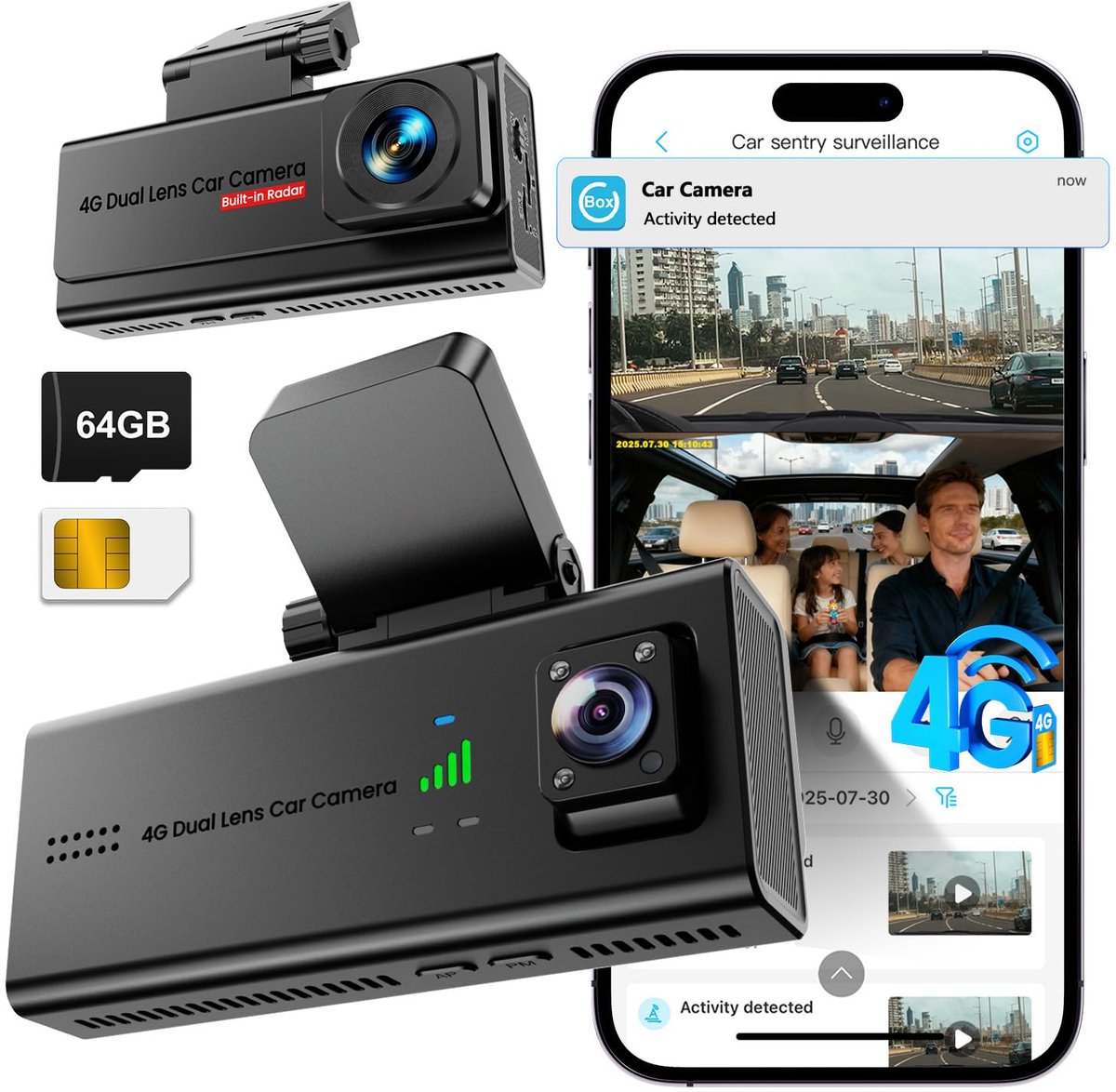 SnelShoppen - 4G Dashcam Auto met Simkaart, 64 GB, Parkeerbewaking, App-Real-Time Weergave, Bewegingsdetectie, Botsingsherkenning, 2-weg Talk