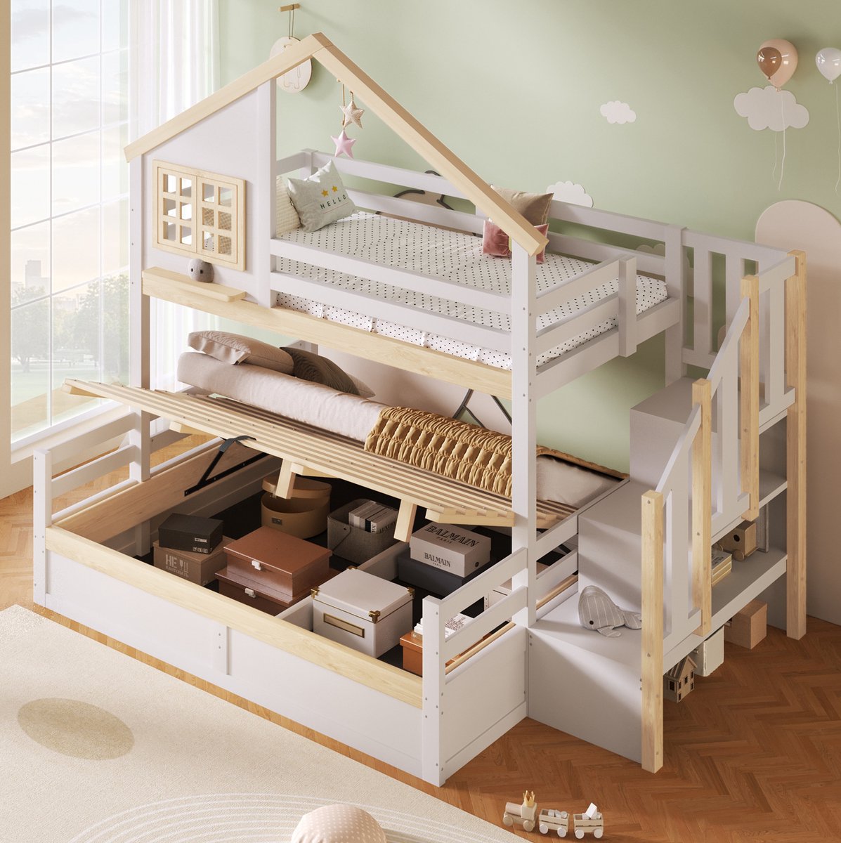 MODFU Stapelbed-Huisbed-Opbergruimte-Wit-Naturel