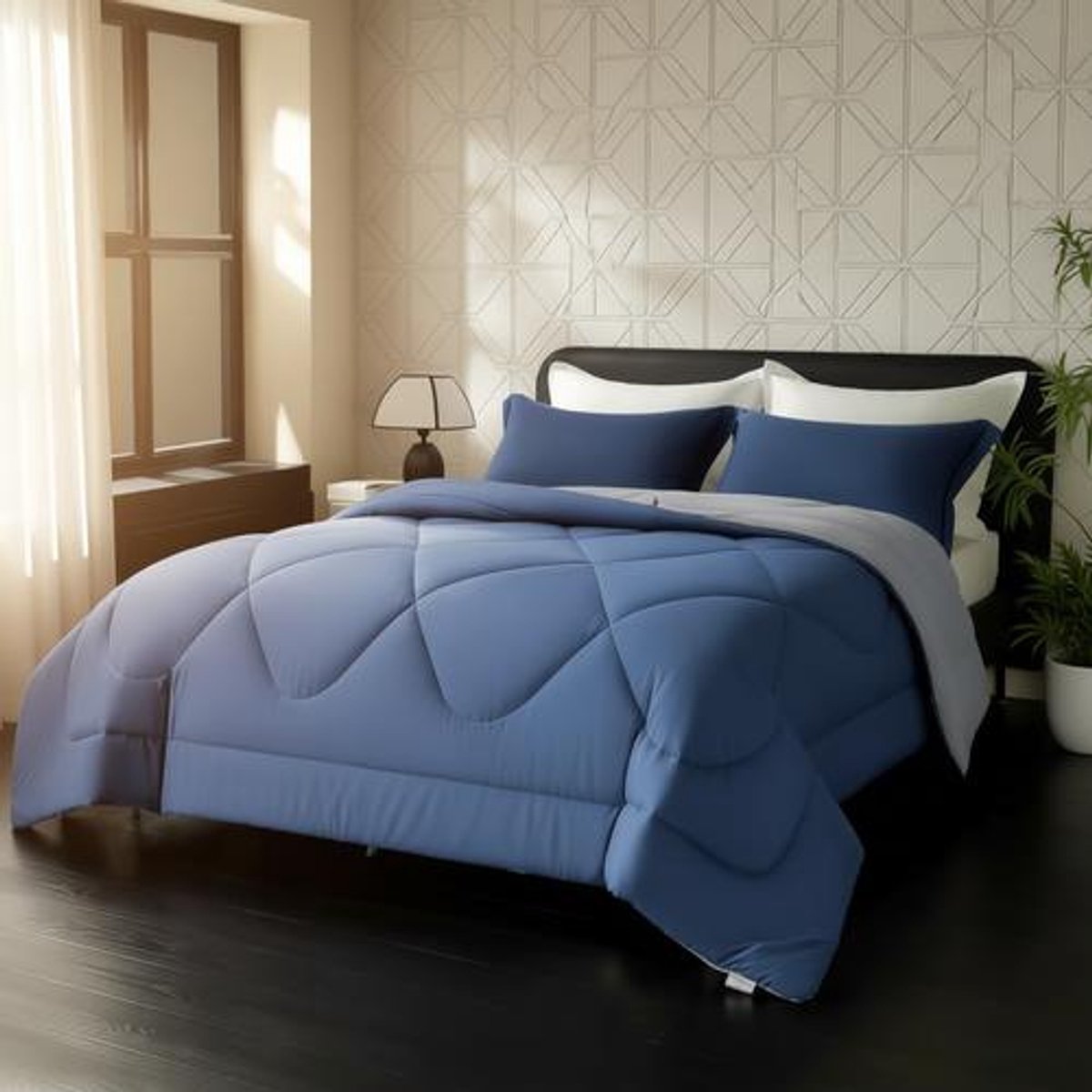 Arvion Omkeerbaar 4-seizoenendekbed 300 g/m² – Microvezel All Year Deken met 8 lussen, marineblauw/lichtgrijs, 200x200 cm